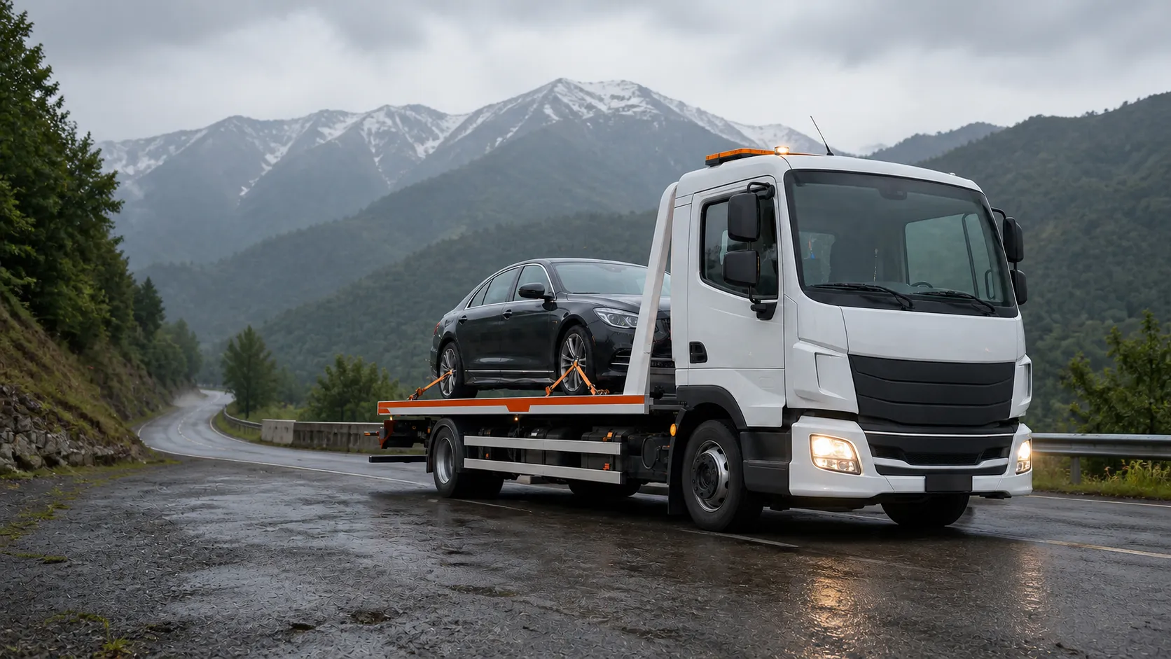 RoadHelp-ის flatbed ევაკუატორი ავტომობილით საქართველოს მთის გზაზე